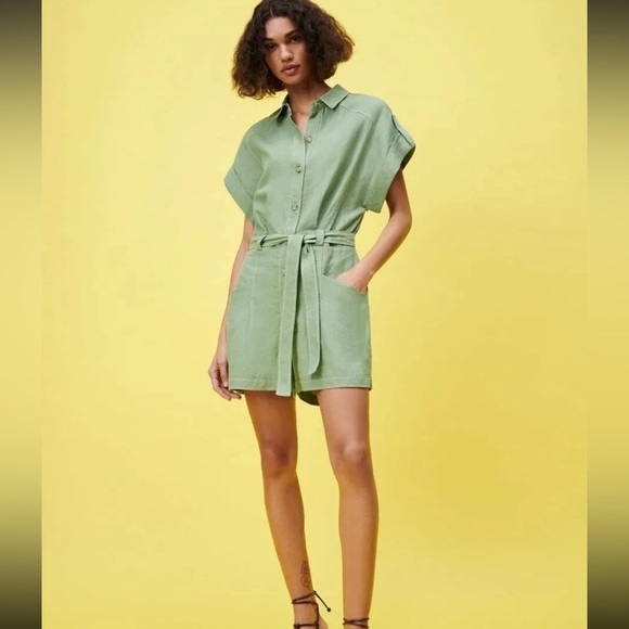 Zara Linen topstitched jumpsuit in light green Size XS Minimalist Beachy - Picture 2 of 9